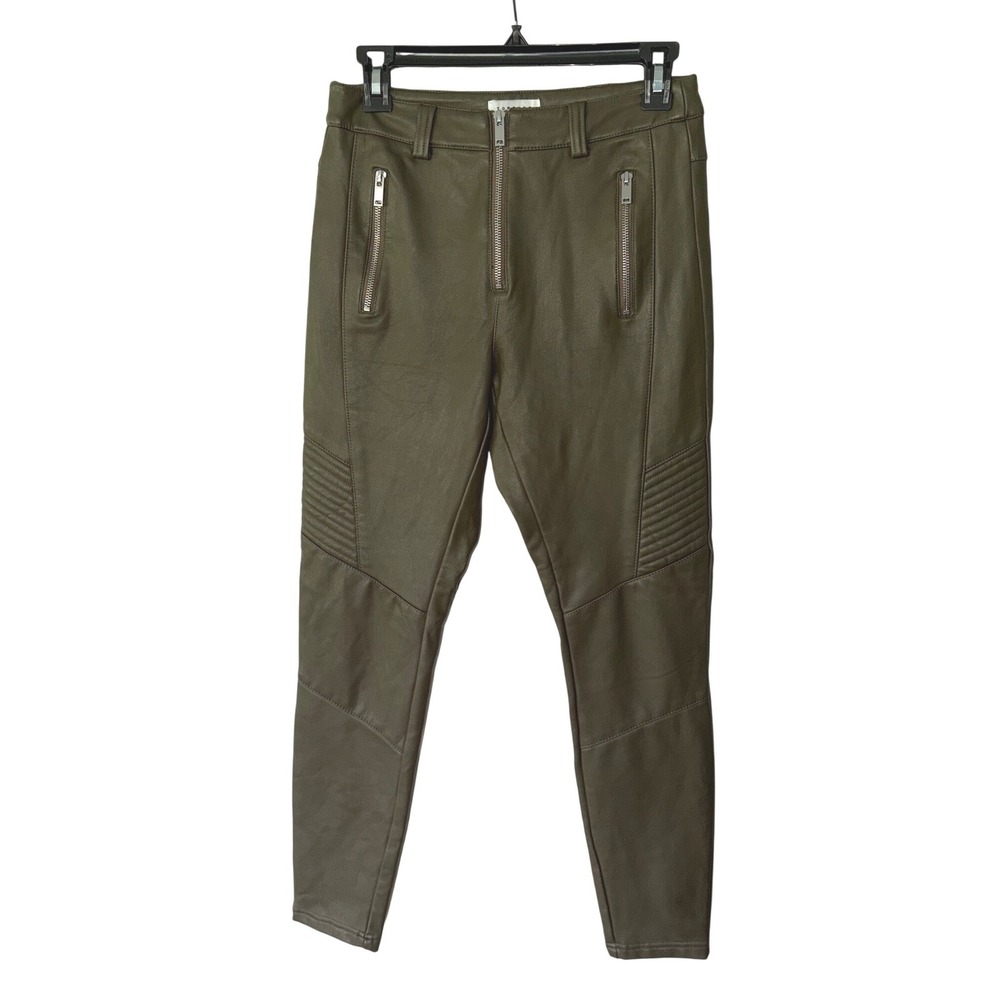 Topshop Olive Green Faux Leather Moto Skinny Pants Ribbed Knee US 6